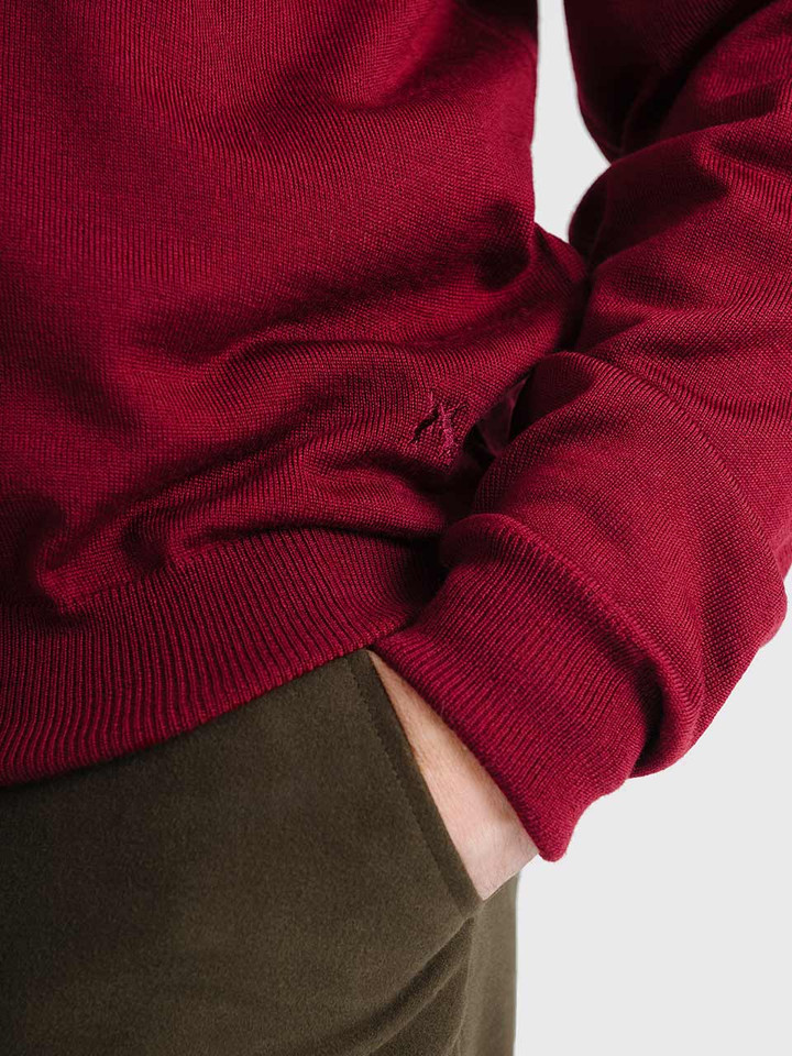 Men's Wine Merino V-Neck Jumper Hares Detail
