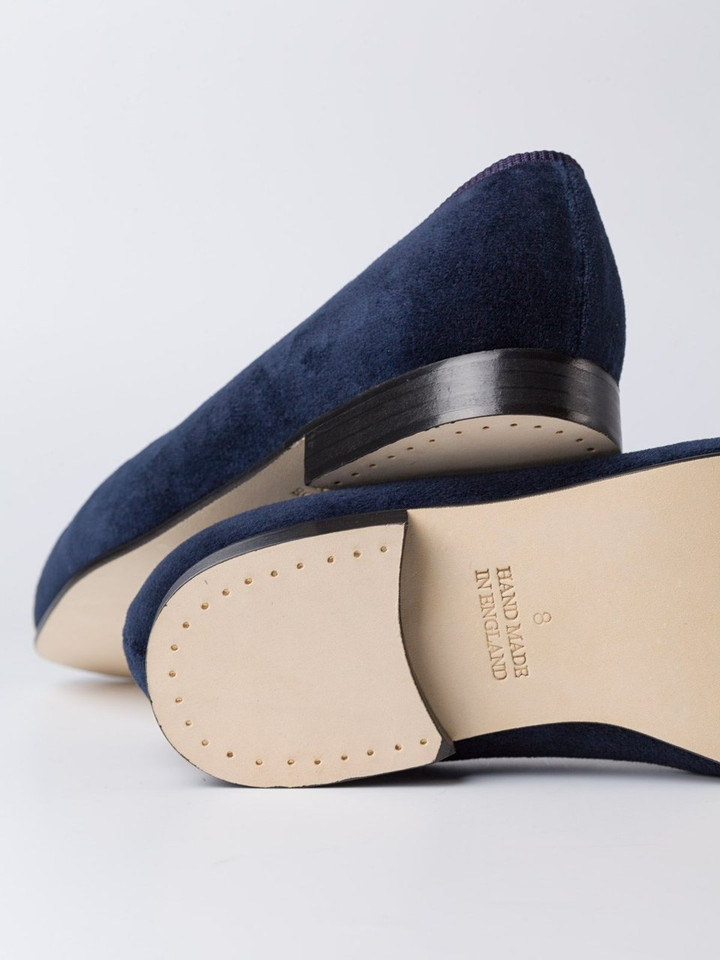 Men's Navy Blue Velvet Albert Slippers Soles