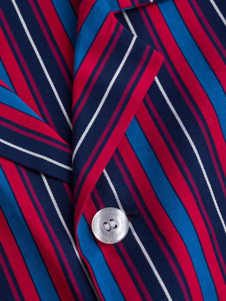 Close Up of Navy & Red Club Striped cotton Pyjamas collar