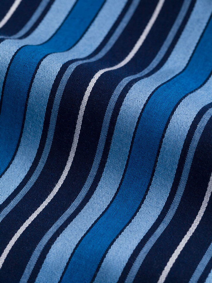 Close Up of Navy & Blue Club cotton Stripe Mens Dressing Gown Fabric