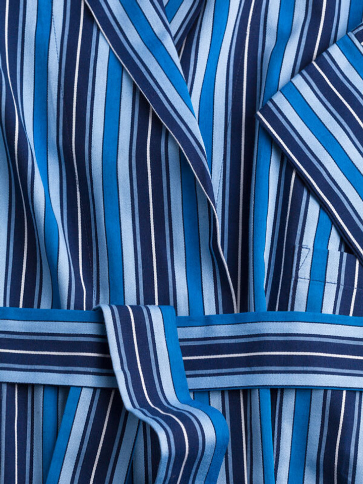 Close Up of Navy & Blue Club cotton Stripe Mens Dressing Gown Details