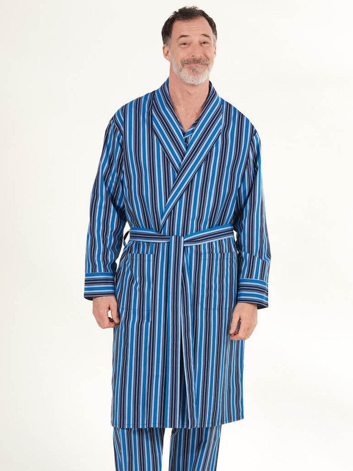 Men's Navy & Blue Club Stripe Summer Dressing Gown - Men's Cotton Dressing Gown
