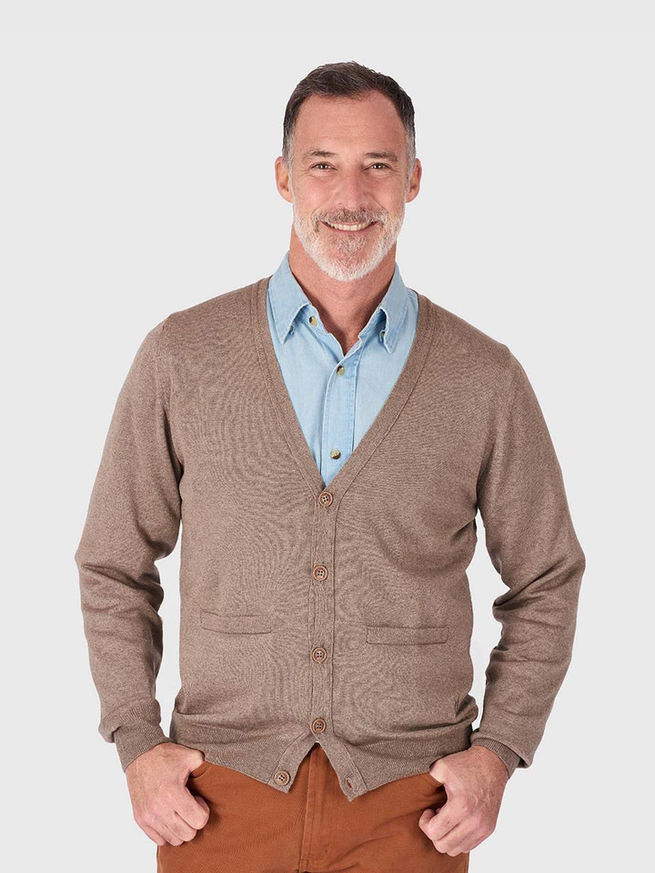Men's Doe Beige Merino Wool Cardigan On Model