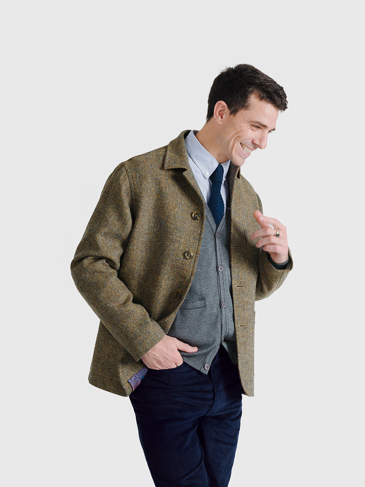 Men's Lead Grey Merino Cardigan On Model with Chore Jacket