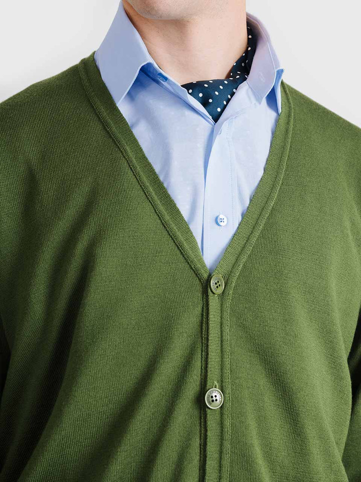 Men's Leaf Green Merino Cardigan Closeup On Model