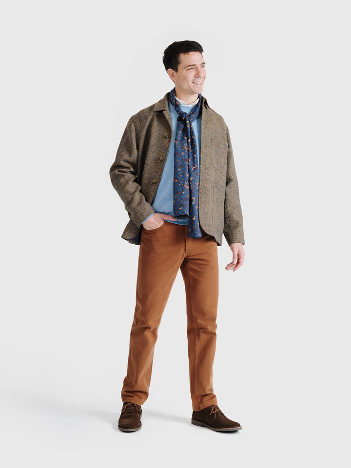 Men's Light Blue Duck Egg Blue Merino Wool Crew Neck Jumper paired with Harris Tweed Chore Jacket