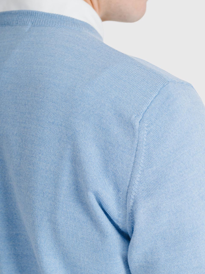Men's Light Blue Duck Egg Blue Merino Wool Crew Neck Jumper Shoulder Detail