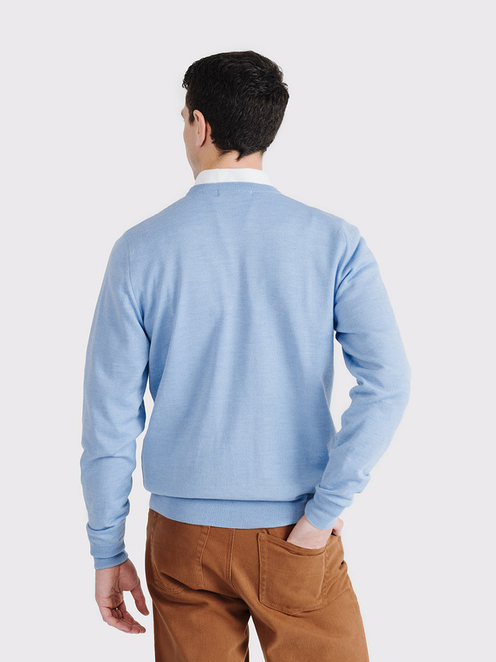 Men's Light Blue Duck Egg Blue Merino Wool Crew Neck Jumper Back