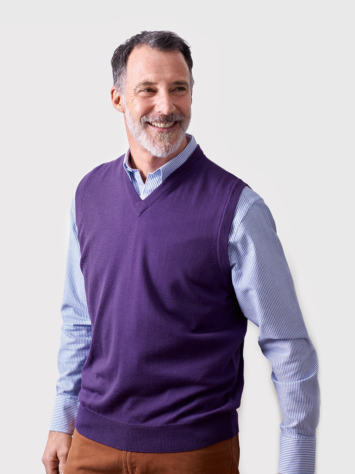 Men's Purple Merino Wool Slipover On Model