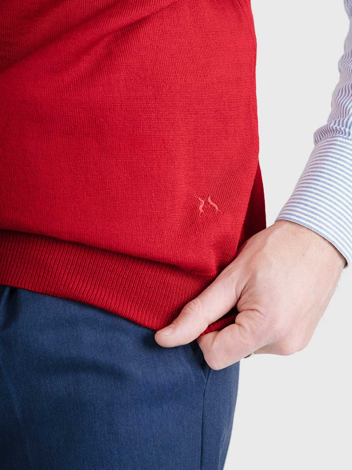 Men's Red Merino Wool Slipover Hare Details