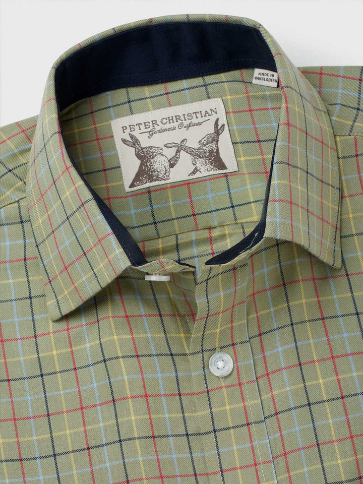 Men's Green Colourful Tattersall Check Cotton Collar