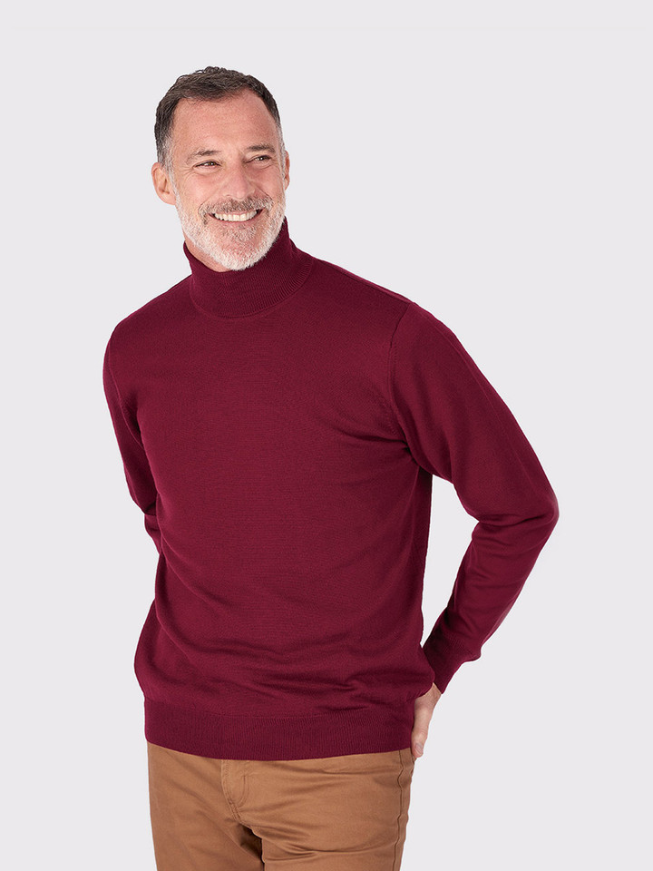 Men's Dark Red Merino Wool Polo Neck Jumper On Model