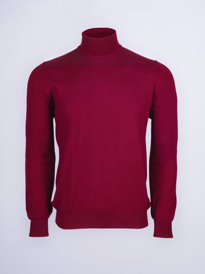 Men's Dark Red Merino Wool Polo Neck Jumper