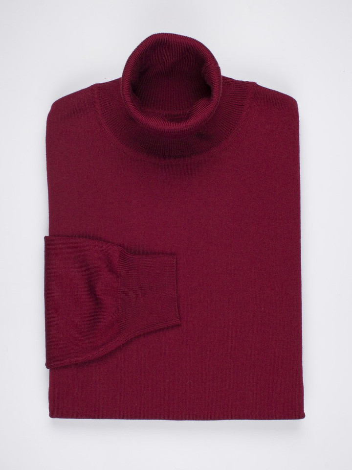 Men's Dark Red Merino Wool Polo Neck Jumper Folded