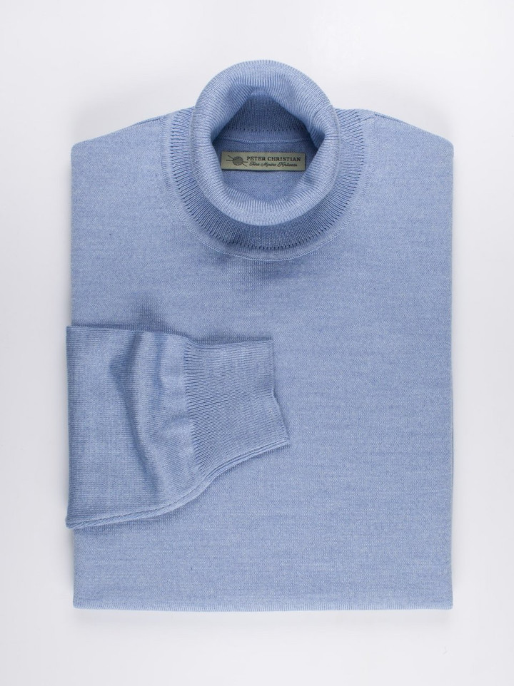 Men's Light Blue Merino Wool Polo Neck Jumper Folded