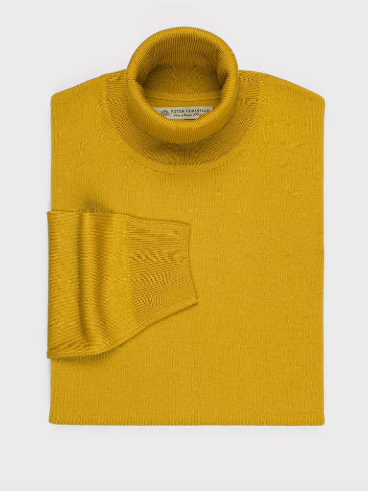Men's Gold Yellow Merino Polo Neck Jumper Folded
