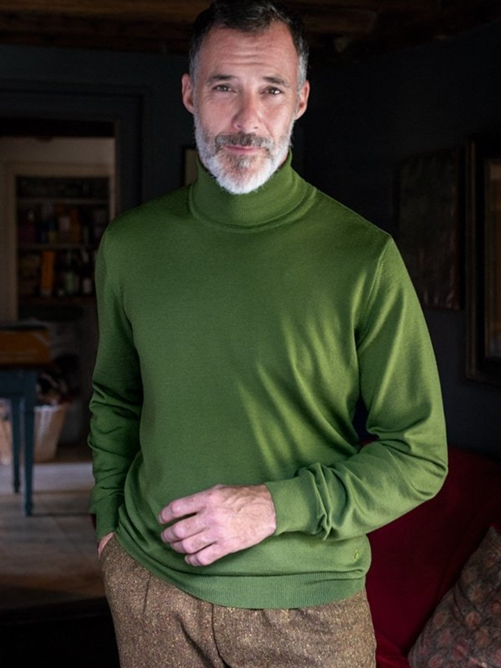 Men's Leaf Green Merino Wool Polo Neck Jumper On Model