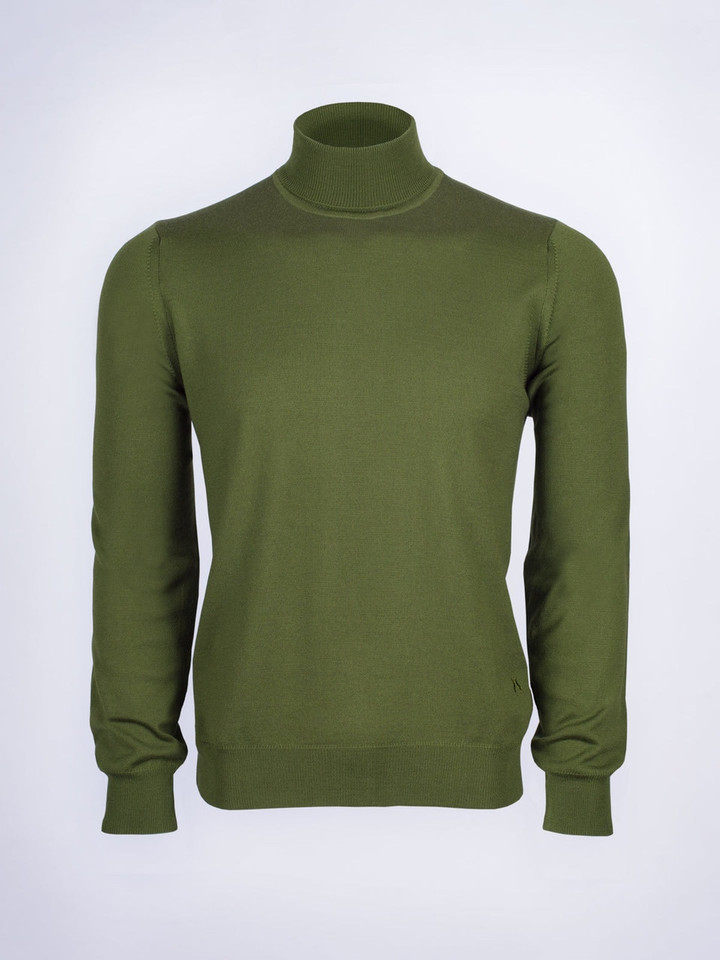 Men's Leaf Green Merino Wool Polo Neck Jumper