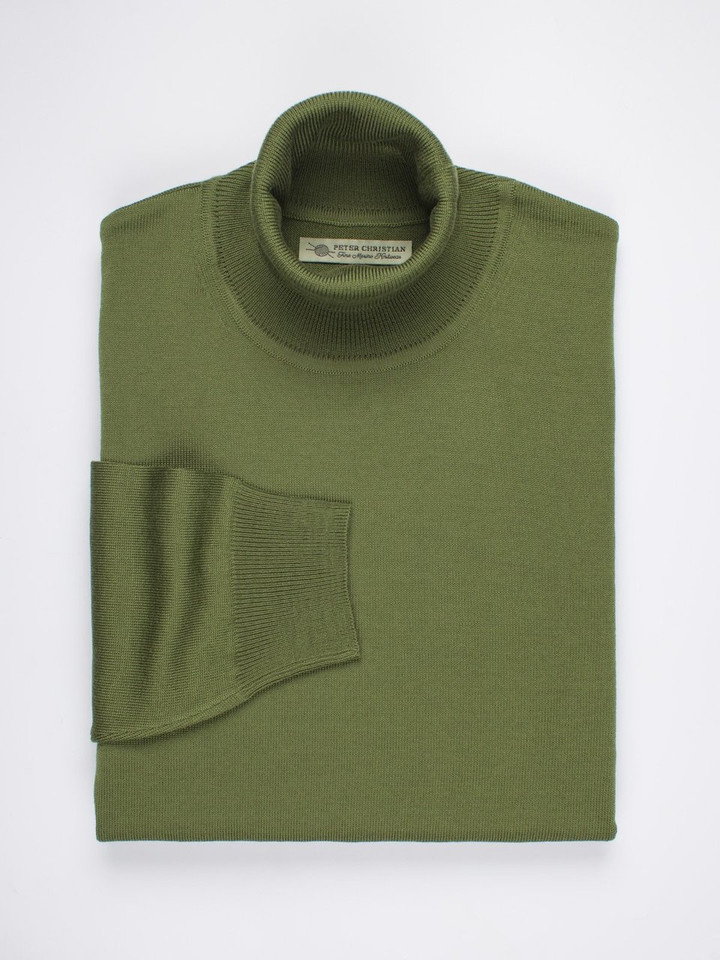 Men's Leaf Green Merino Wool Polo Neck Jumper Folded