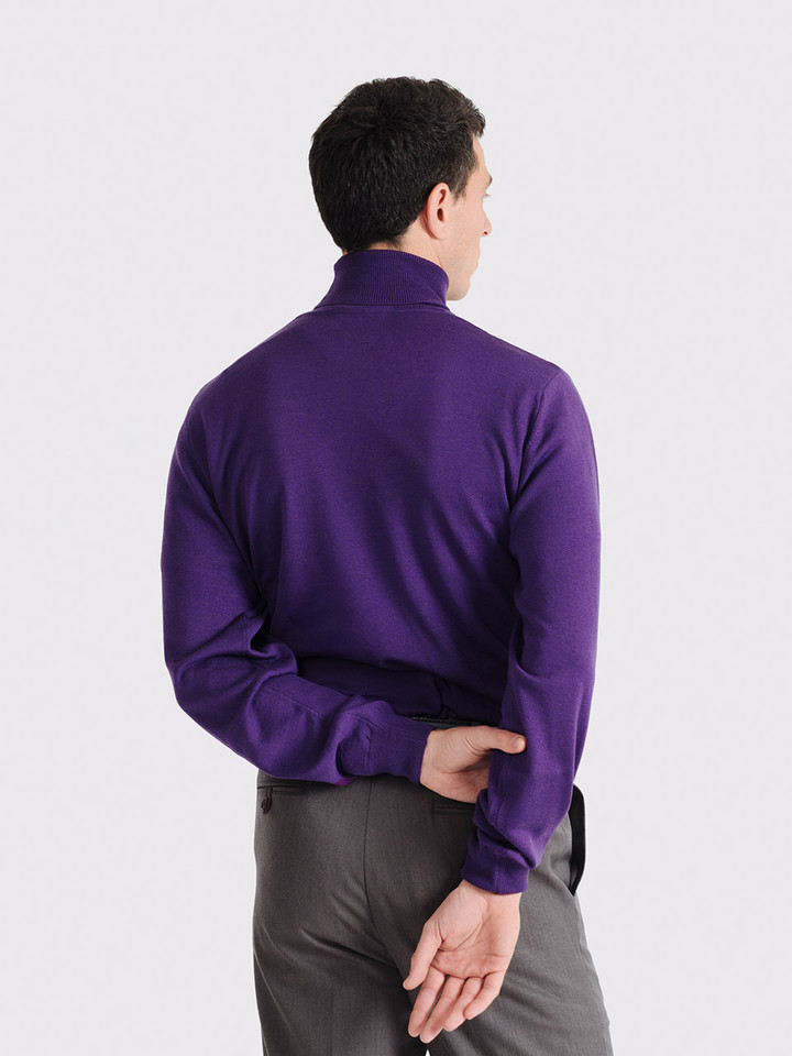 Men's Purple Merino Wool Polo Neck Jumper On Model