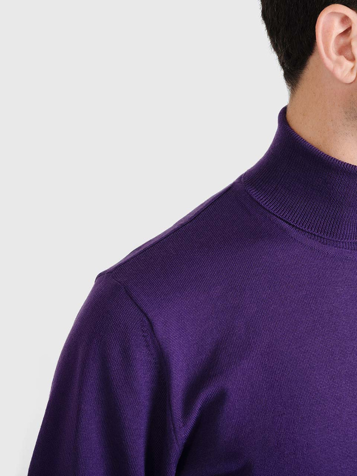 Men's Purple Merino Wool Polo Neck Jumper On Model