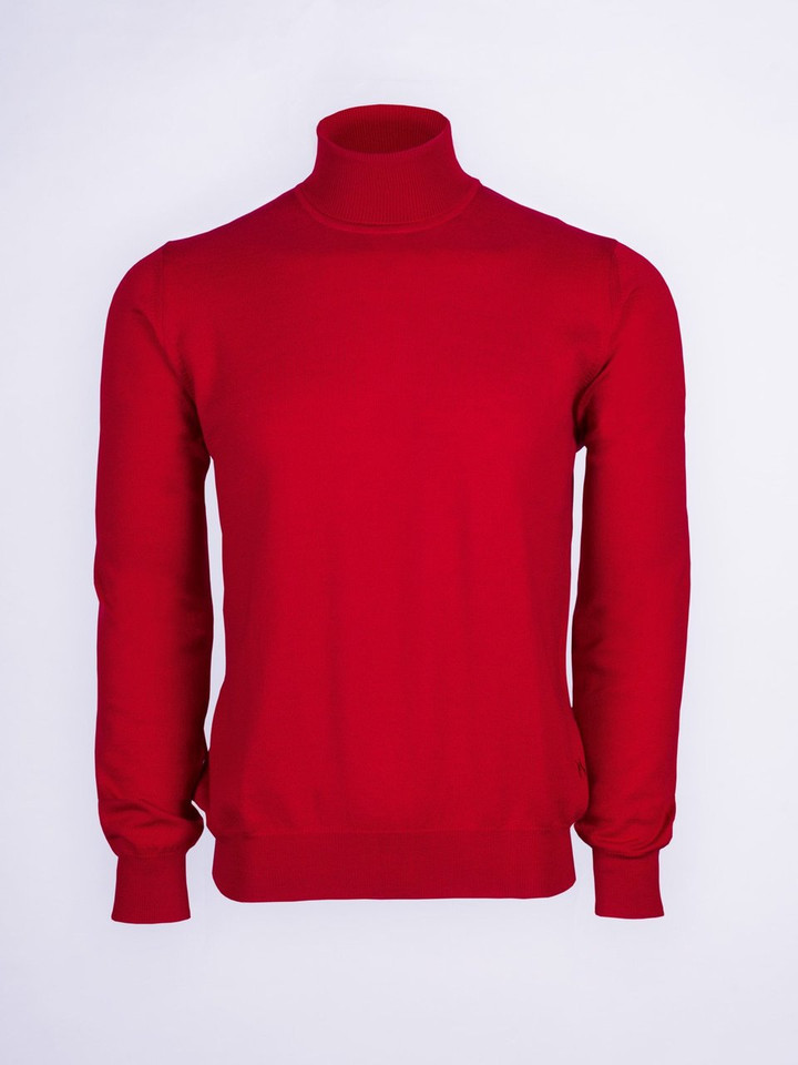 Men's Red Merino Wool Polo Neck Jumper
