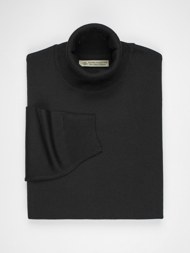 Men's Black Merino Wool Polo Neck Jumper Folded