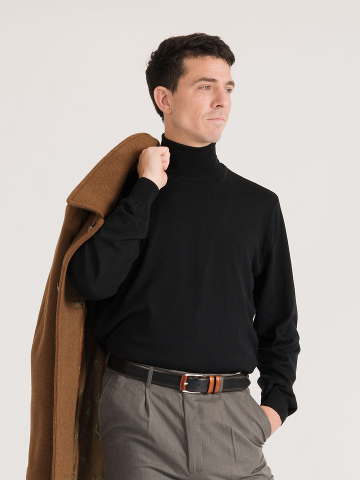 Men's Black Merino Wool Polo Neck Jumper Model