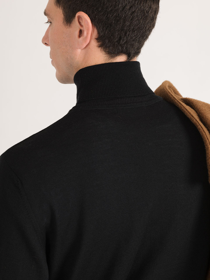 Men's Black Merino Wool Polo Neck Jumper Detail