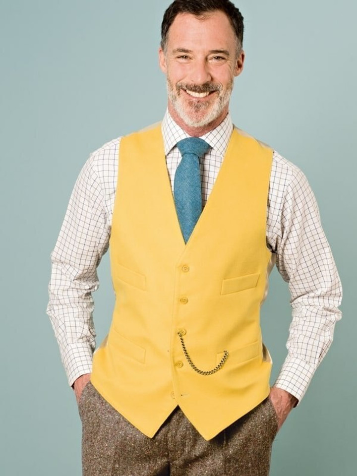 Men's Mustard Yellow Moleskin Waistcoat On Model
