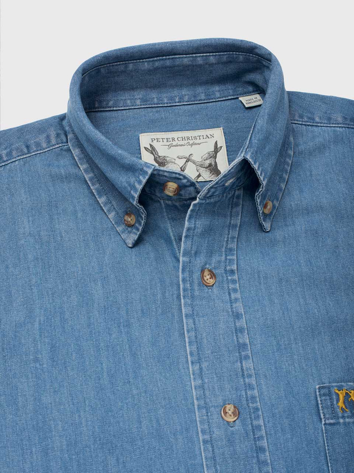 Men's Blue Washed Denim Shirt Button Down Collar