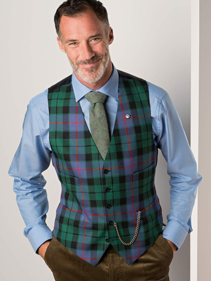 Men's Morrison Blue and Green Tartan Waistcoat on Model
