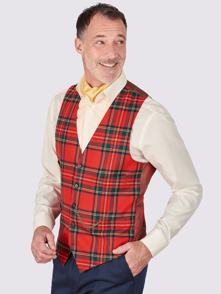 Men's Red Stewart Tartan Waistcoat On Model