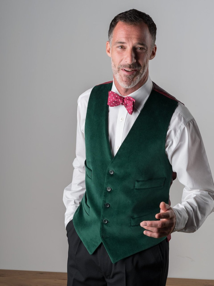 Men's Emerald Green Velvet Waistcoat on model