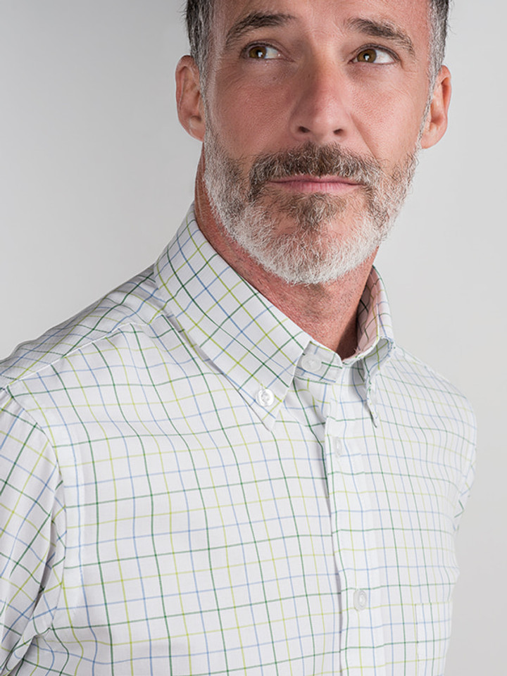 Men's Green and White Button Down Collar Check Tattersall Shirt on model