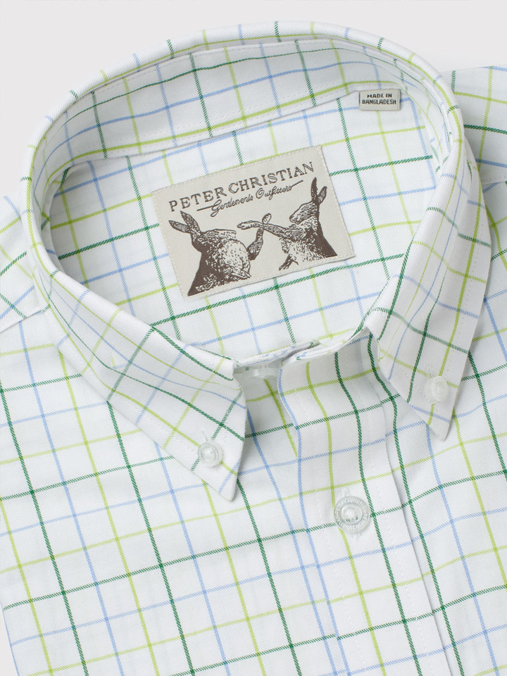Men's Green and White Button Down Collar Check Tattersall Shirt Collar