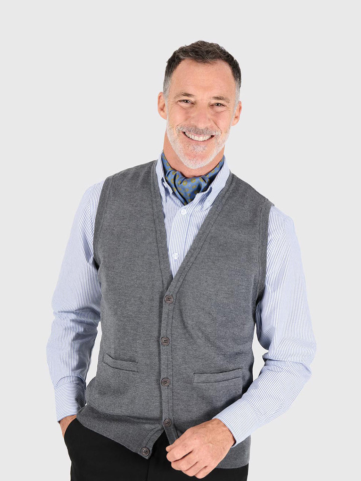 Men's Lead Grey Merino Wool Waistcoat On Model