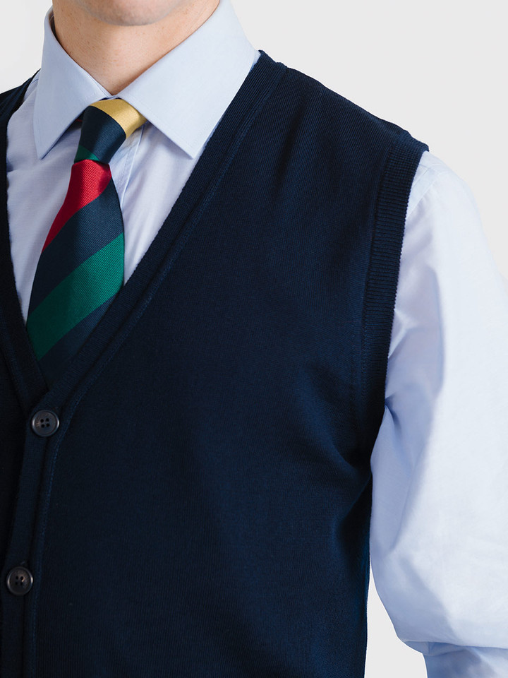 Men's Navy Blue Merino Wool Waistcoat Closeup On Model