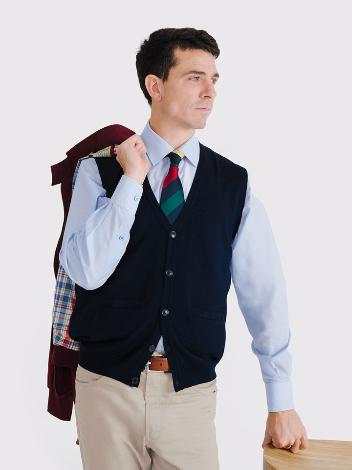 Men's Navy Blue Merino Wool Waistcoat On Model