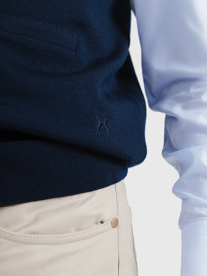 Men's Navy Blue Merino Wool Waistcoat Closeup On Model
