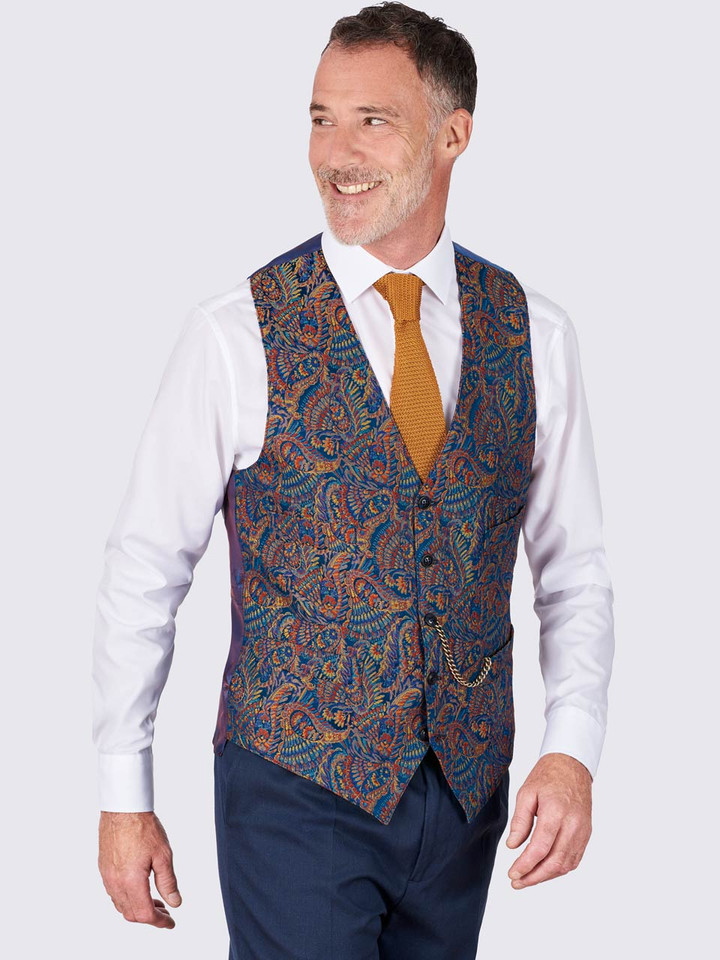 Men's Blue Tapestry Waistcoat On Model