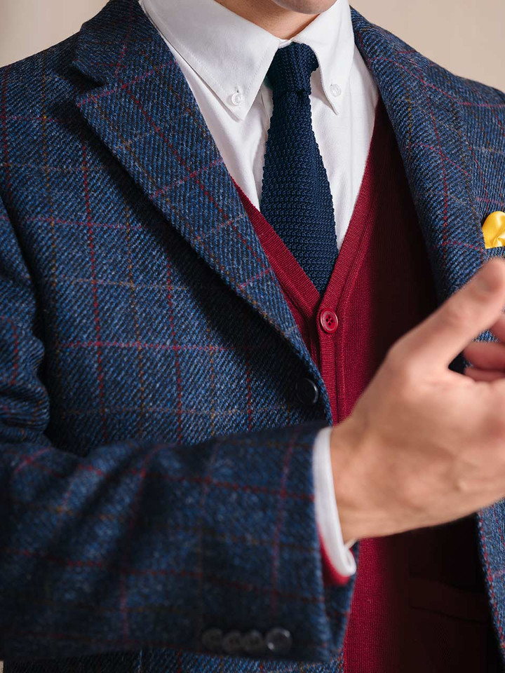 Slate Blue Harris Tweed® 2 Piece Suit Jacket On Model Close Up