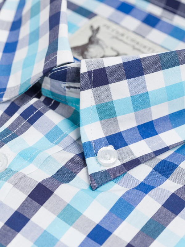 Men's Button Down Collar Sky/Blue  Cotton Check Long Sleeve Shirt Collar