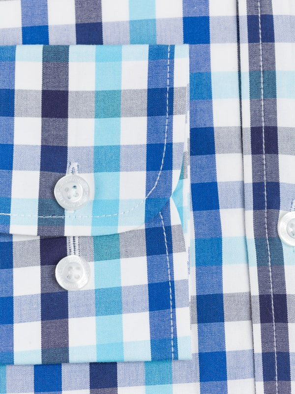 Men's Button Down Collar Sky/Blue  Cotton Check Long Sleeve Shirt Cuff