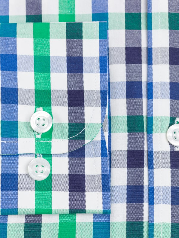 Men's Button Down Collar Green & Blue Cotton Check Long Sleeve Shirt Close Up
