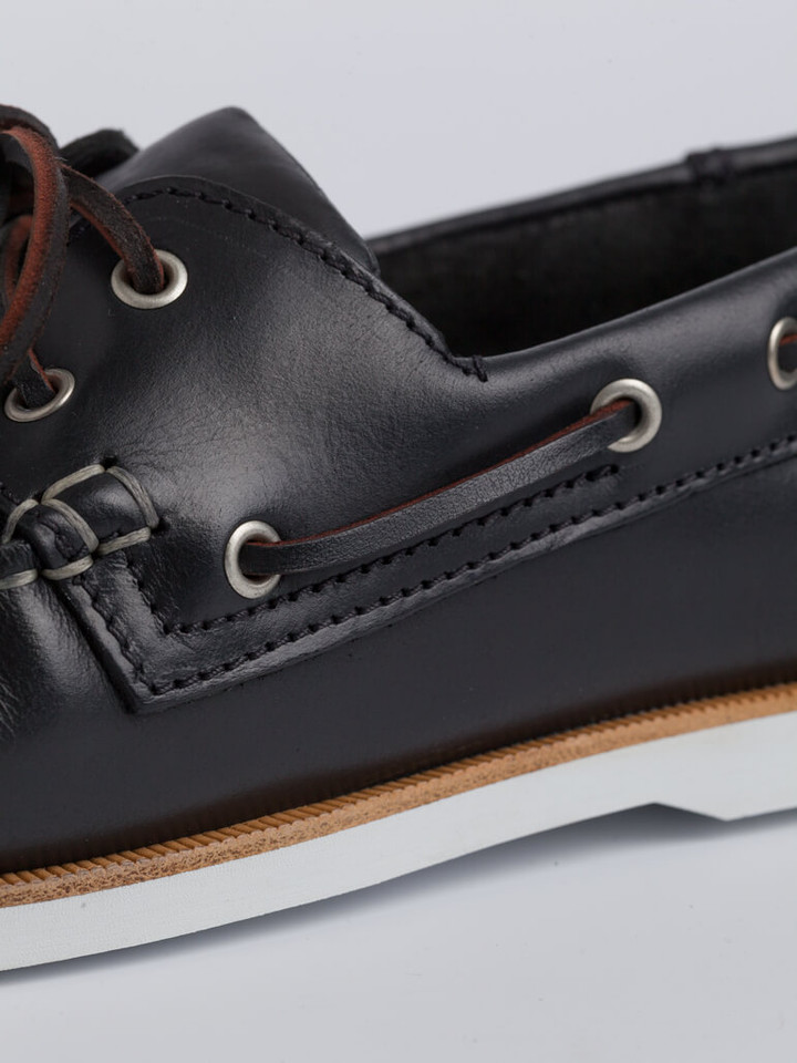 Close Up of Mens Navy Leather Boat Shoe Details