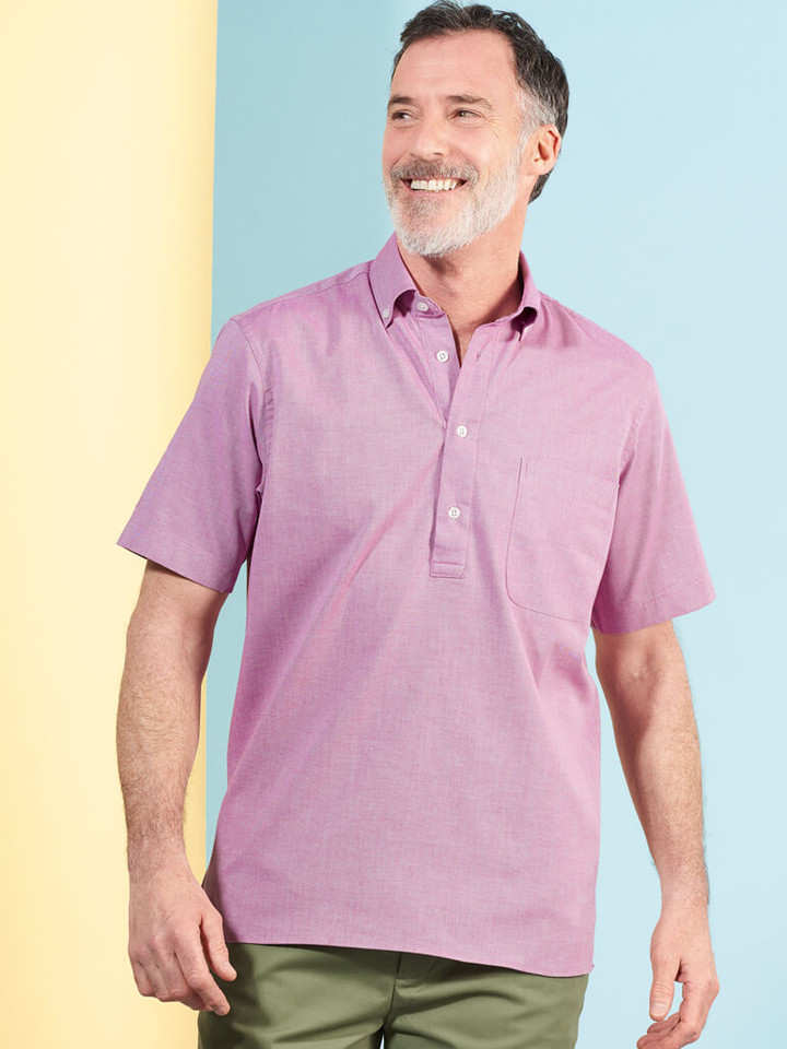 Model Wearing Pink Short Sleeve Popover Shirt