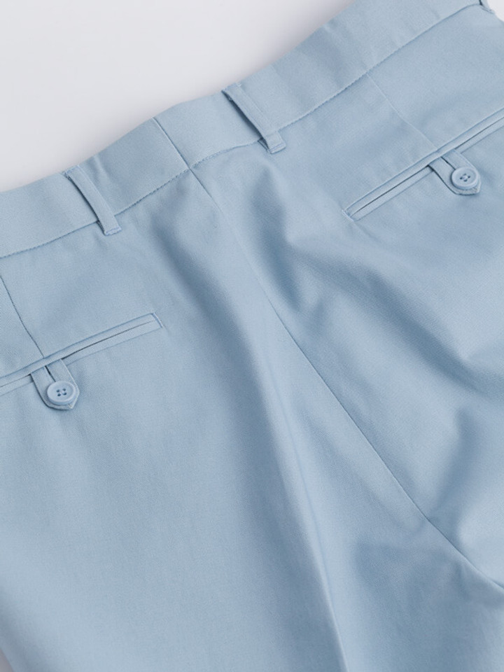 Close Up of Sky Blue Flat Front Chino Trousers Rear Pockets