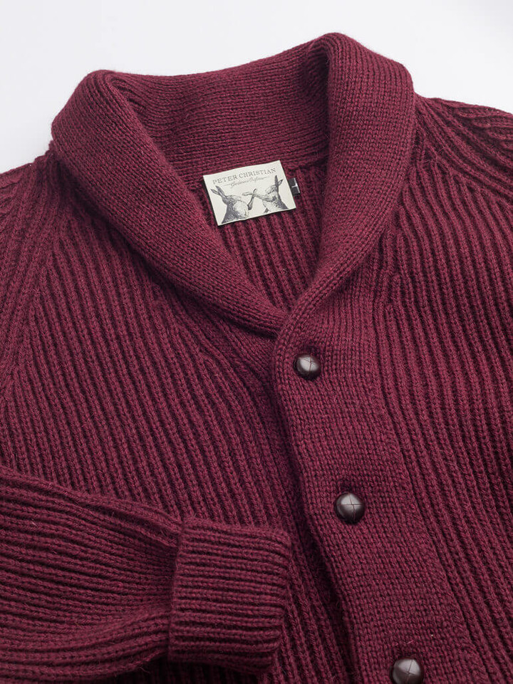 Men's Burgundy Red Shawl Neck Wool Cardigan Ribbed