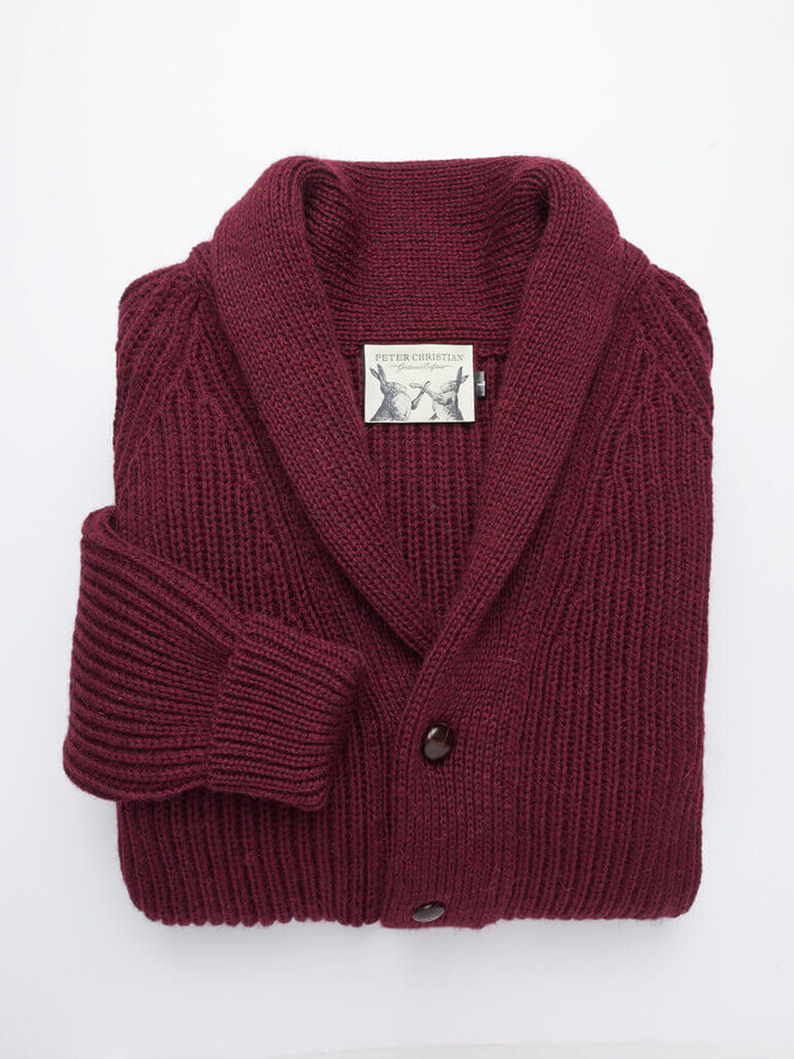 Men's Burgundy Red Shawl Neck Wool Chunky Cardigan